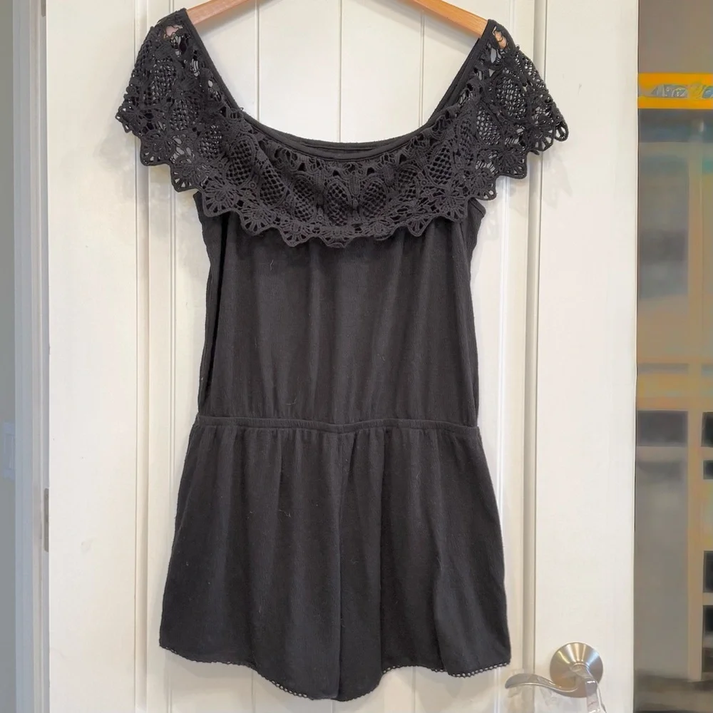 ๐ 6/$60 Jessica Simpson Onesie Pockets Off Shoulder Black Lace Trim Size XL - Picture 2 of 8